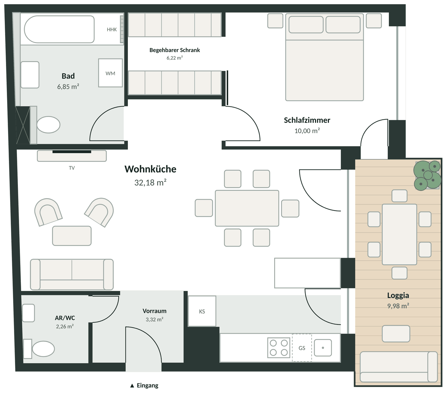 Grundriss Top 5 mit Wohnküche, Schlafzimmer, begehbarem Schrank, Bad, AR/WC, Vorräumen und Loggia