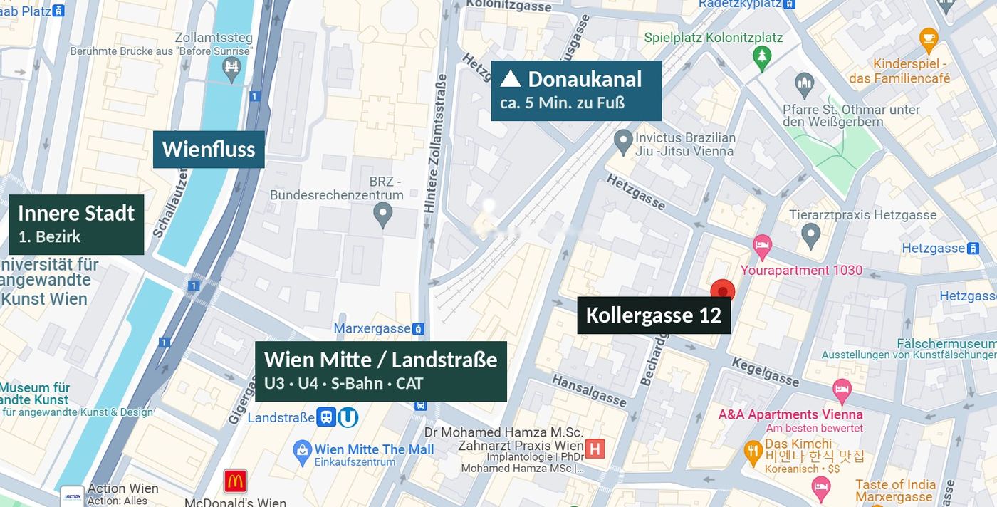 Lagekarte mit Kollergasse 12, Wien Mitte / Landstraße, Wienfluss und Innerer Stadt